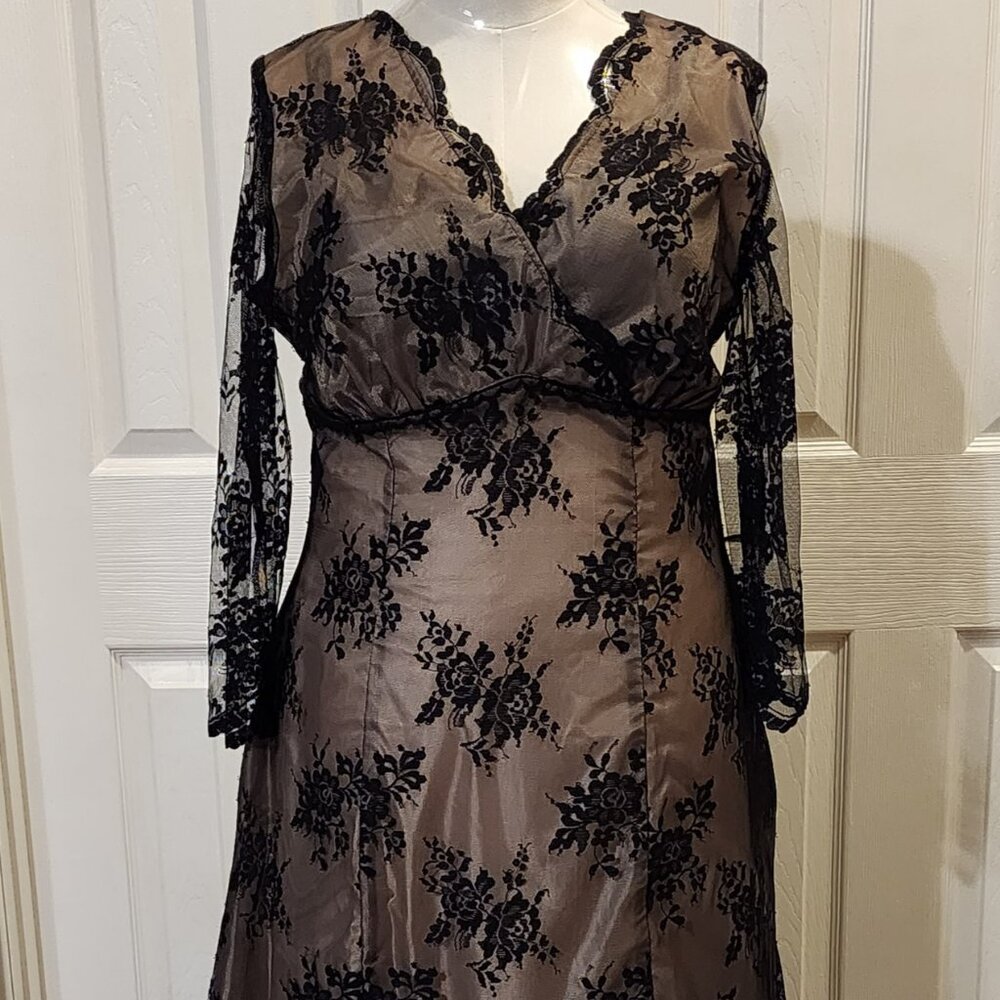 Formal style dress nude under tone with black lace overlay